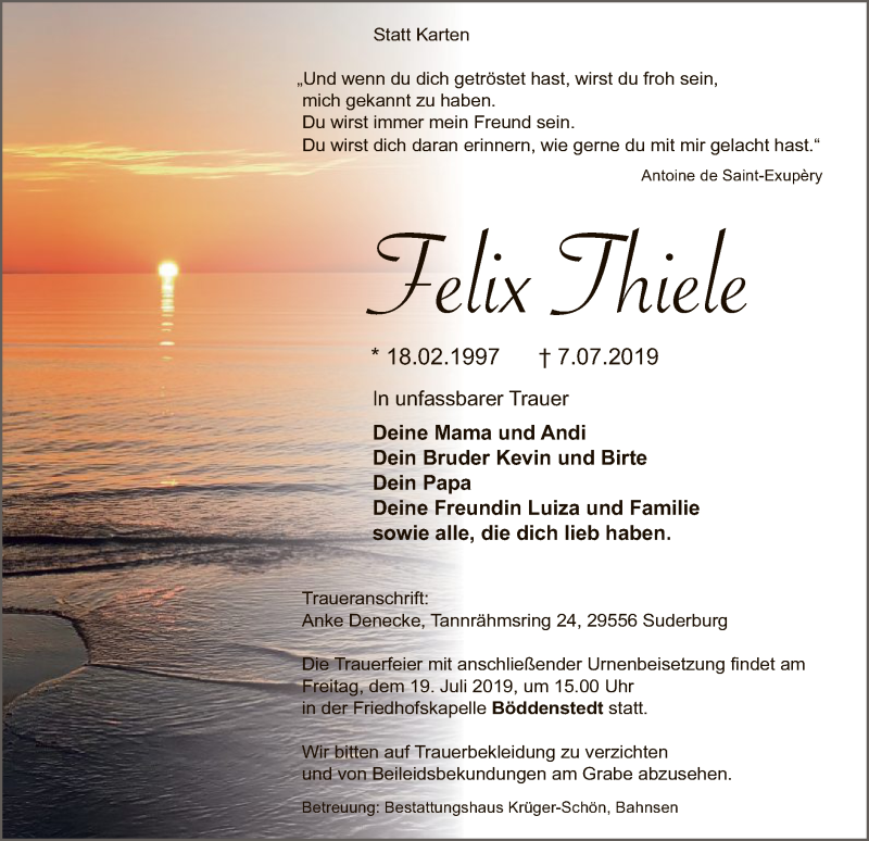  Traueranzeige für Felix Thiele vom 13.07.2019 aus Uelzen