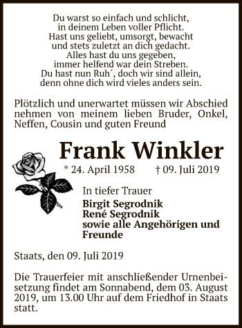 Traueranzeige von Frank Winkler von Uelzen