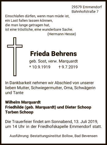 Traueranzeige von Frieda Behrens von Uelzen