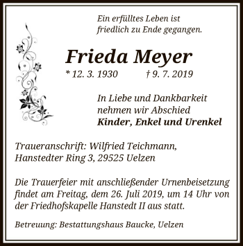 Traueranzeige von Frieda Meyer von Uelzen