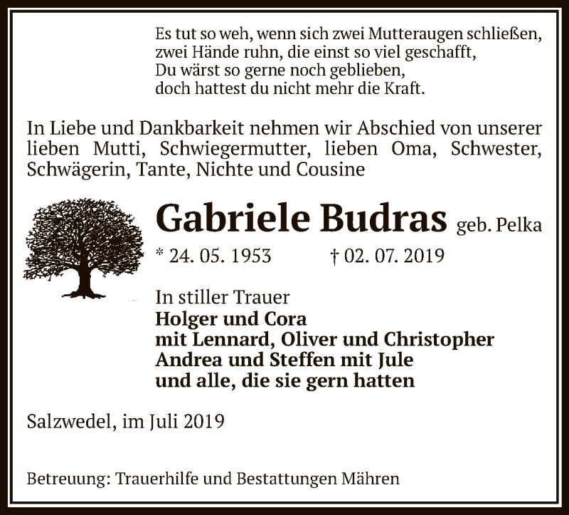  Traueranzeige für Gabriele Budras vom 04.07.2019 aus Uelzen