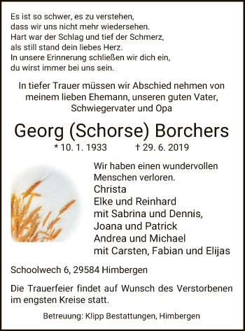 Traueranzeige von Georg Borchers von Uelzen