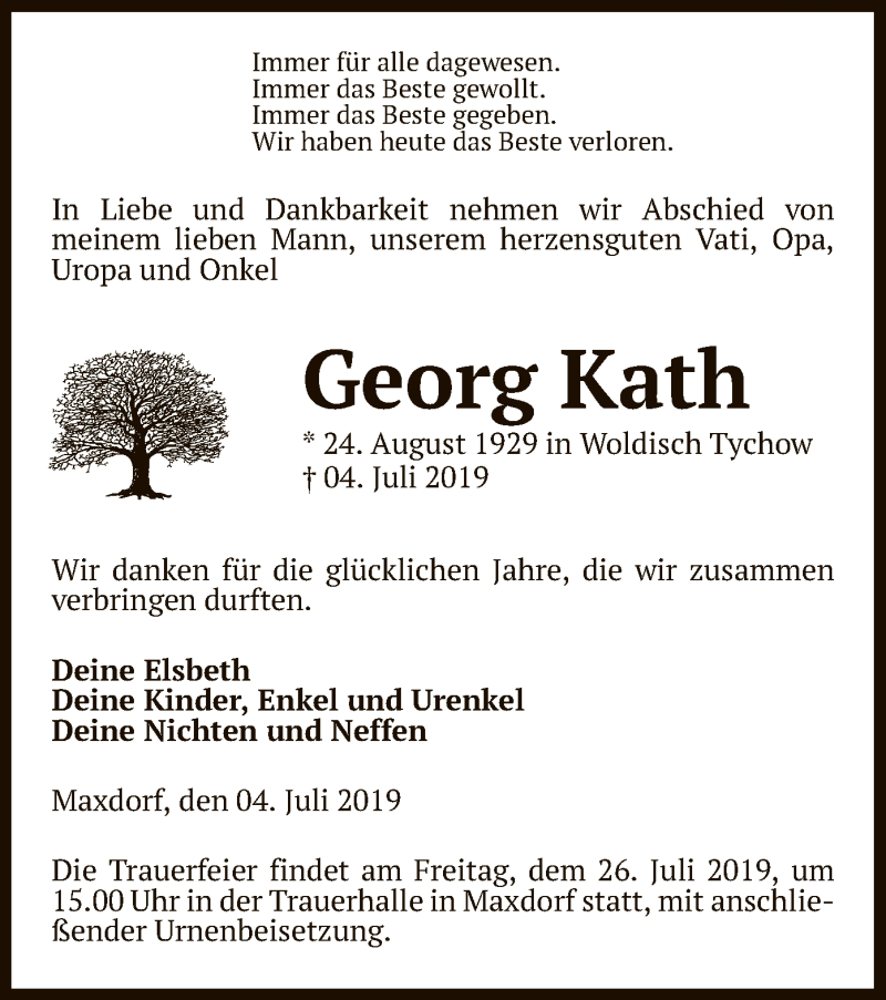  Traueranzeige für Georg Kath vom 13.07.2019 aus Uelzen