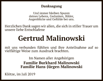 Traueranzeige von Gertrud Malinowski von Uelzen
