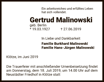 Traueranzeige von Gertrud Malinowski von Uelzen