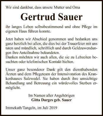 Traueranzeige von Gertrud Sauer von Uelzen