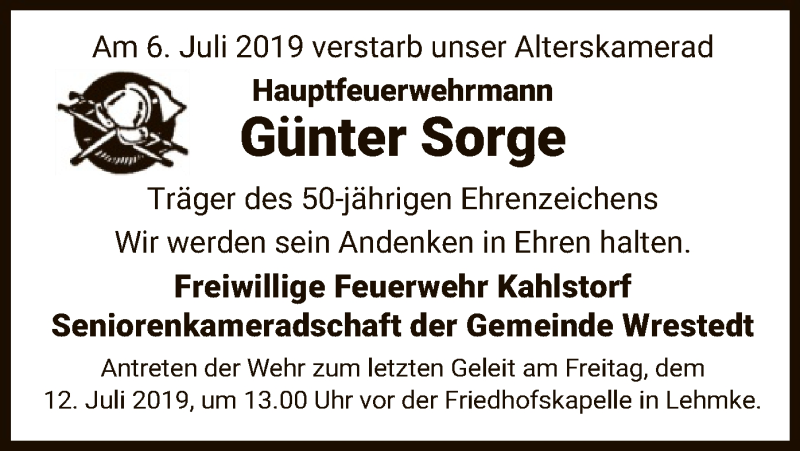 Traueranzeige für Günter Sorge vom 11.07.2019 aus Uelzen