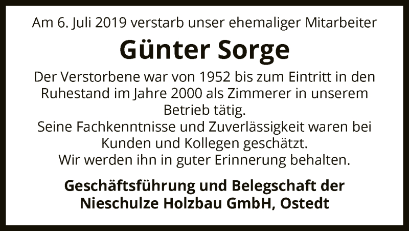  Traueranzeige für Günter Sorge vom 12.07.2019 aus Uelzen