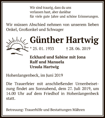 Traueranzeige von Günther Hartwig von Uelzen