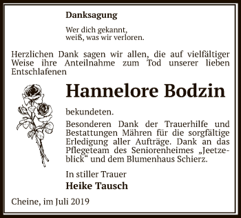 Traueranzeige von Hannelore Bodzin von Uelzen