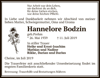 Traueranzeige von Hannelore Bodzin von Uelzen