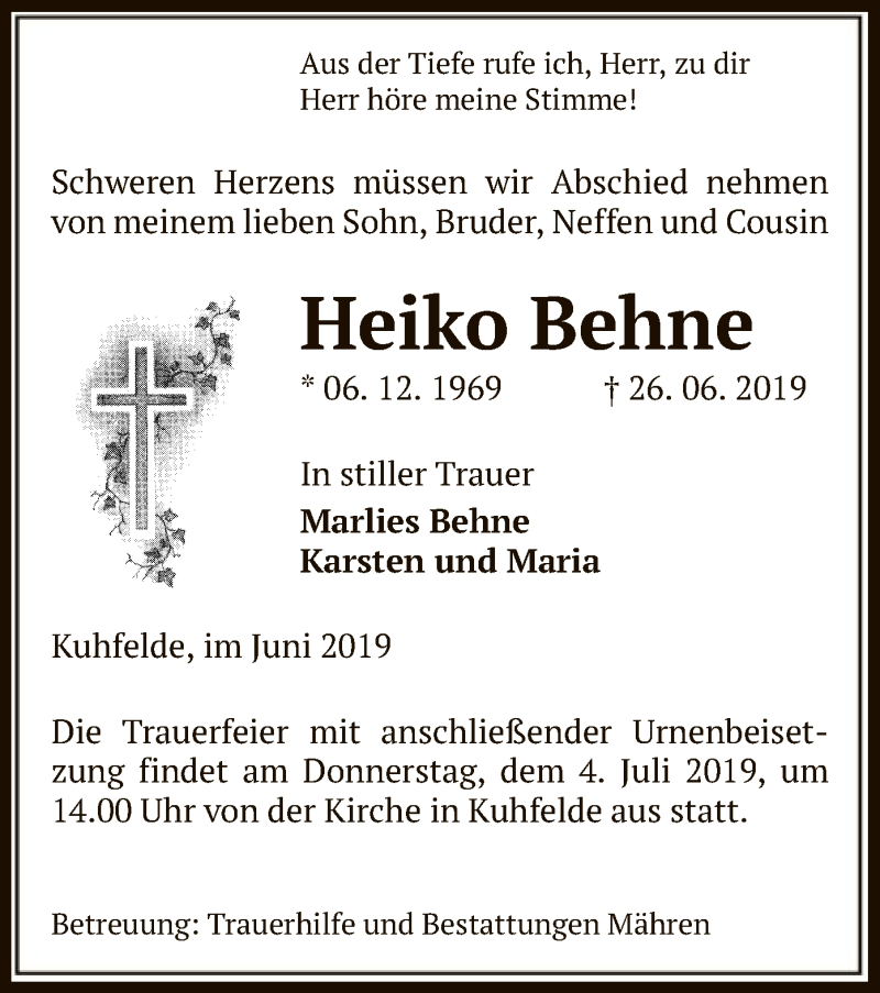  Traueranzeige für Heiko Behne vom 02.07.2019 aus Uelzen