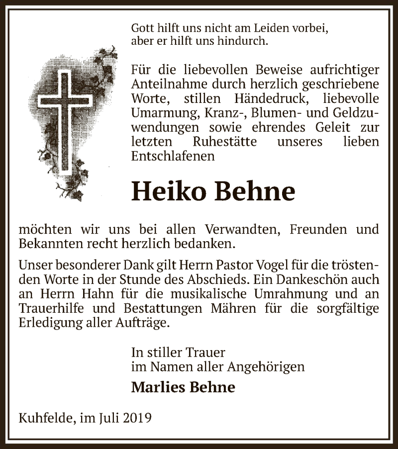  Traueranzeige für Heiko Behne vom 20.07.2019 aus Uelzen