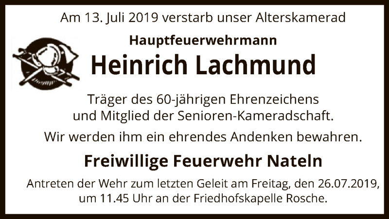 Traueranzeige für Heinrich Lachmund vom 19.07.2019 aus Uelzen