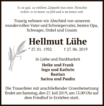 Traueranzeige von Hellmut Lühe von Uelzen