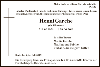 Traueranzeige von Henni Garche von Uelzen