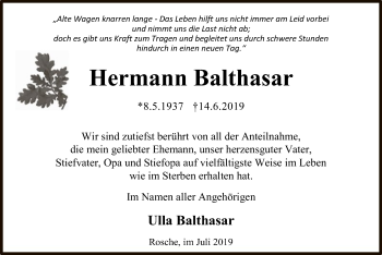 Traueranzeige von Hermann Balthasar von Uelzen