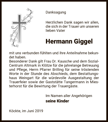 Traueranzeige von Hermann Giggel von Uelzen