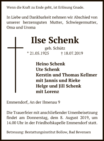 Traueranzeige von Ilse Schenk von Uelzen