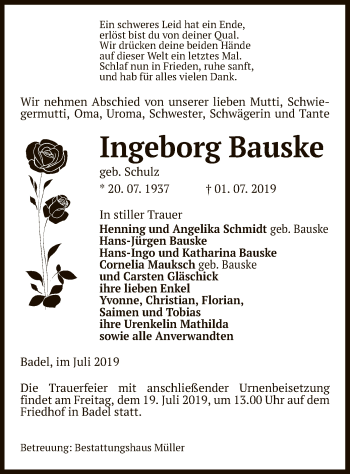 Traueranzeige von Ingeborg Bauske von Uelzen