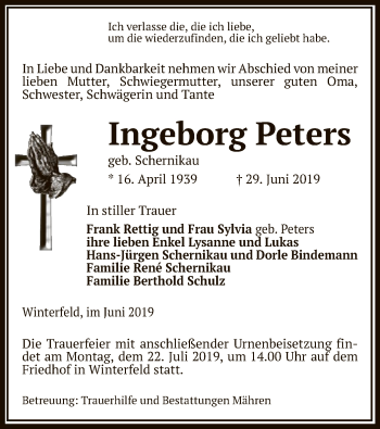 Traueranzeige von Ingeborg Peters von Uelzen