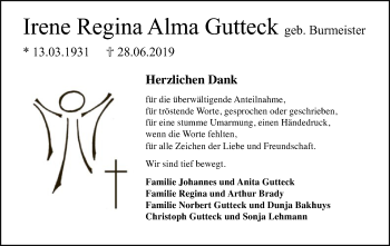 Traueranzeige von Irene Regina Alma  Gutteck von Uelzen