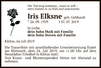 Traueranzeige von Iris Elksne von Uelzen