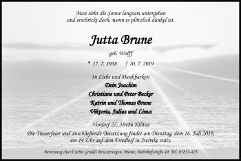 Traueranzeige von Jutta Brune von Uelzen