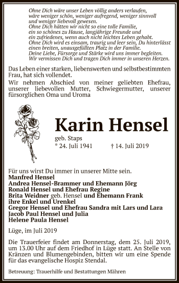 Traueranzeige von Karin Hensel von Uelzen