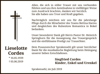 Traueranzeige von Lieselotte Cordes von Uelzen