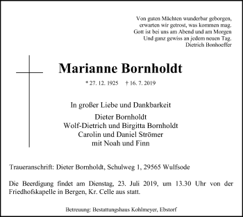 Traueranzeige von Marianne Bornholdt von Uelzen