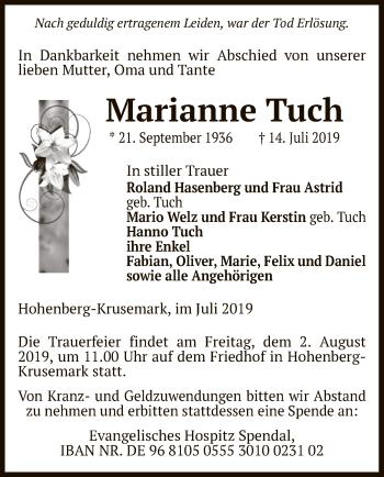 Traueranzeige von Marianne Tuch von Uelzen