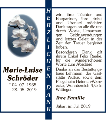 Traueranzeige von Marie-Luise Schröder von Uelzen