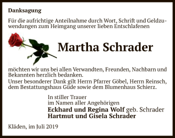 Traueranzeige von Martha Schrader von Uelzen