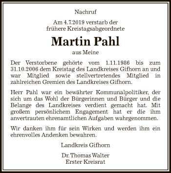 Traueranzeige von Martin Pahl von Uelzen