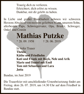 Traueranzeige von Mathias Putzke von Uelzen