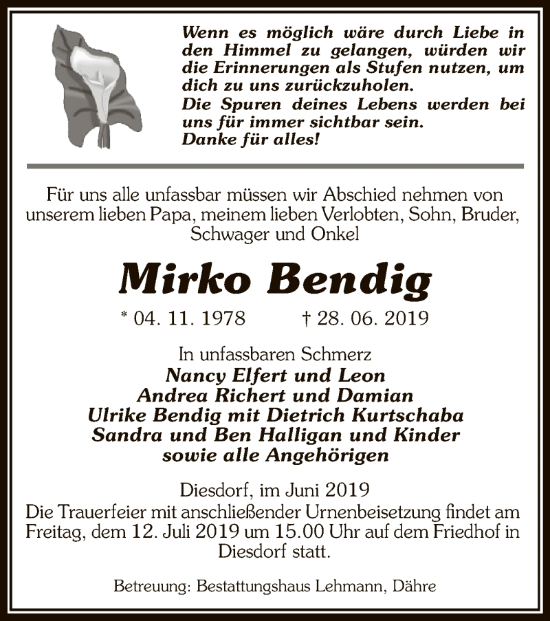  Traueranzeige für Mirko Bendig vom 03.07.2019 aus Uelzen