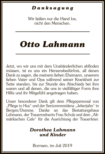 Traueranzeige von Otto Lahmann von Uelzen