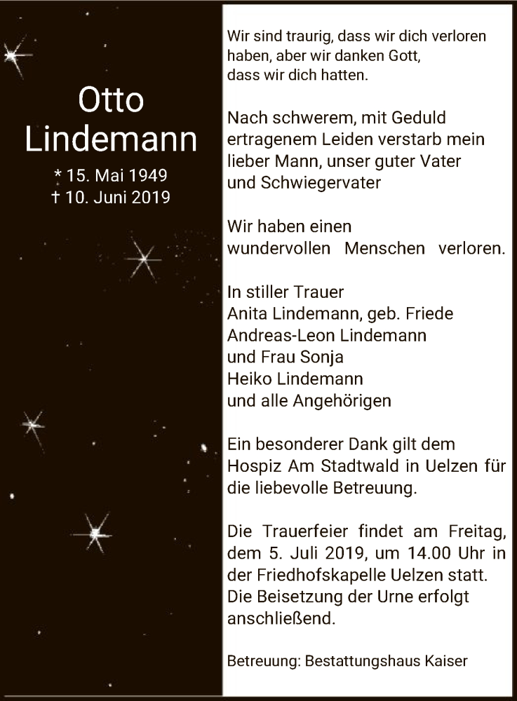  Traueranzeige für Otto Lindemann vom 29.06.2019 aus Uelzen