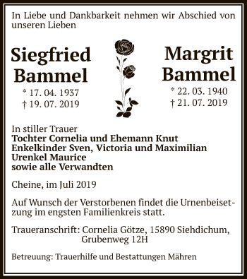 Traueranzeige von Siegfried und Margrit Bammel von Uelzen