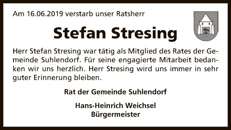  Traueranzeige für Stefan Stresing vom 09.07.2019 aus Uelzen