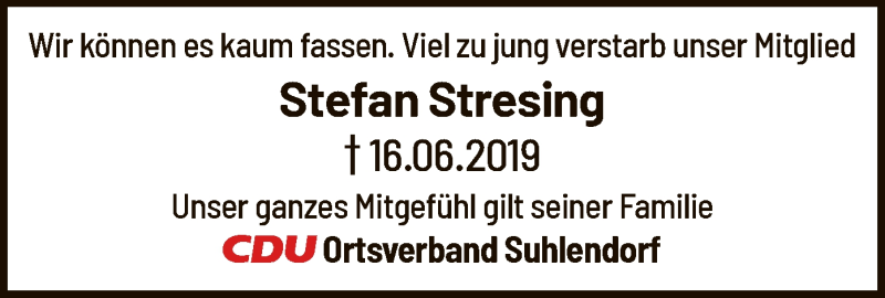  Traueranzeige für Stefan Stresing vom 06.07.2019 aus Uelzen