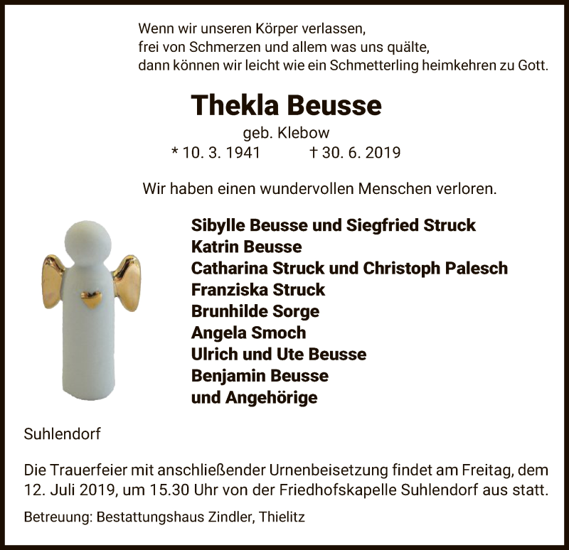  Traueranzeige für Thekla Beusse vom 04.07.2019 aus Uelzen