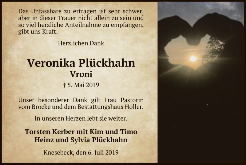  Traueranzeige für Veronika  Plückhahn vom 06.07.2019 aus Uelzen