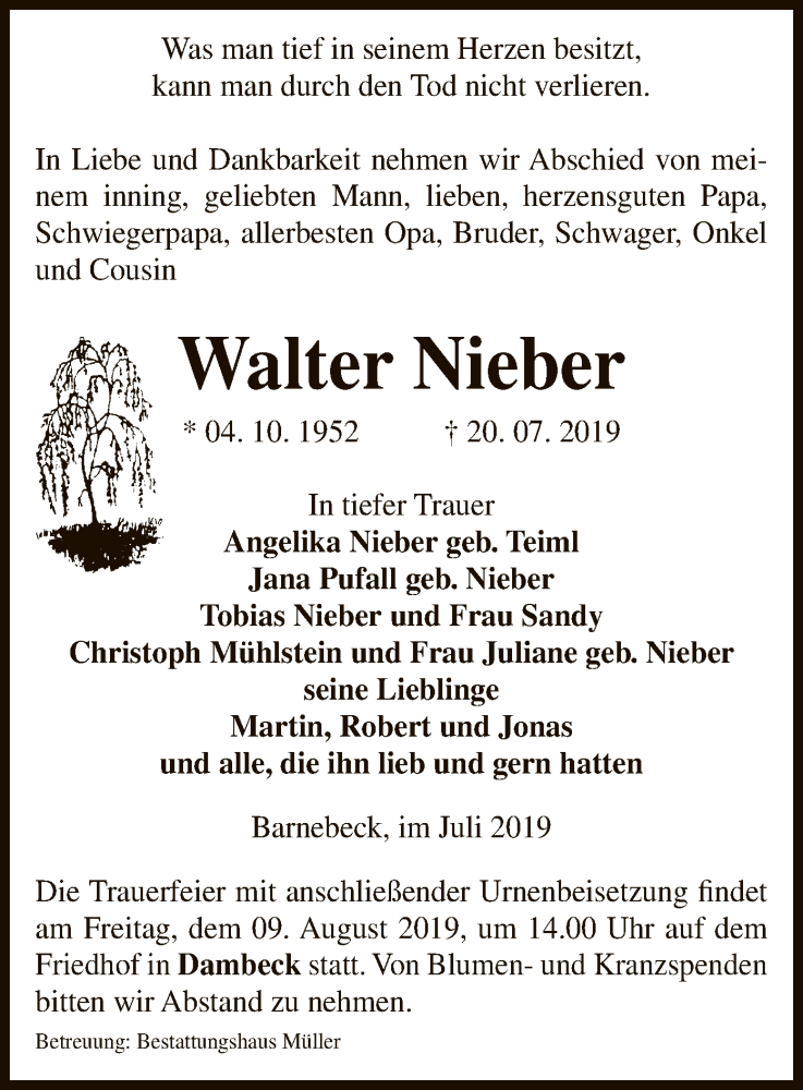  Traueranzeige für Walter Nieber vom 23.07.2019 aus Uelzen
