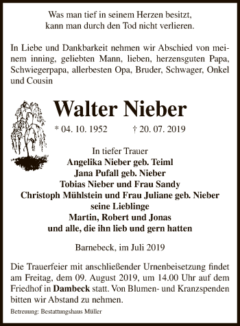 Traueranzeige von Walter Nieber von Uelzen