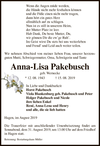 Traueranzeige von Anna-Lisa Pakebusch von Uelzen