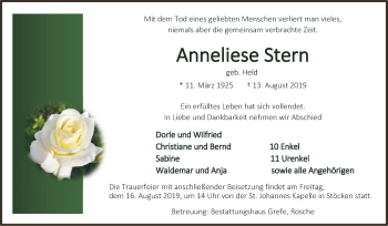 Traueranzeige von Anneliese Stern von Uelzen