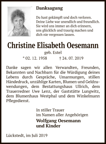 Traueranzeige von Christine Elisabeth Oesemann von Uelzen