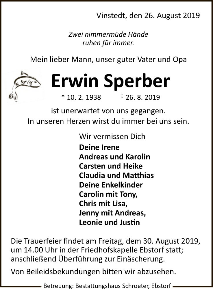  Traueranzeige für Erwin Sperber vom 28.08.2019 aus Uelzen